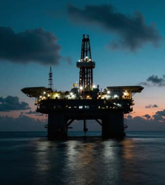 Offshore drilling platform lit at night